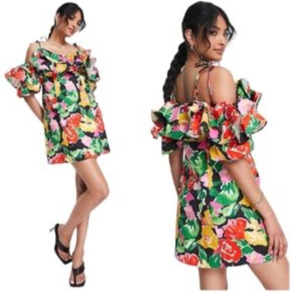 NEW Topshop Cotton Bold Floral Ruffle Bardot Mini Dress Size 6 Off Shoulder Puff